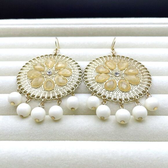 Yellow Gold with Champagne Crystal and White Beaded Medallion Hook Earrings - Picture 5 of 10